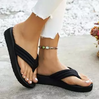 2024 Новые однотонные летние повседневные женские шлепанцы, модная нескользящая пляжная обувь для отдыха на открытом воздухе, удобная мягкая подошва, простой стиль 36 чёрный