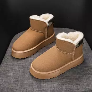 2024 Новые однотонные туфли на толстой подошве, хит продаж, женские сапоги с рукавами, зимние плюшевые теплые короткие зимние сапоги с круглым носком 35 чёрный