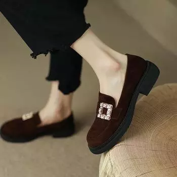 2024 Новые однотонные туфли с круглым носком и толстой подошвой, украшенные квадратной пряжкой и стразами, женские туфли на каждый день и универсальные женские туфли 35 чёрный