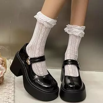 2024 Новые однотонные универсальные модные женские туфли на толстом каблуке с круглым носком, пряжкой, неглубокой прорезной пряжкой, Zapatos 35 чёрный