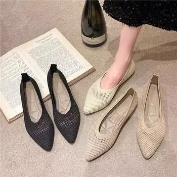 2024 новые однотонные вязаные туфли на плоской подошве для женщин, модные женские повседневные балетки на плоской подошве, удобные лоферы с дышащей сеткой 35 бежевый