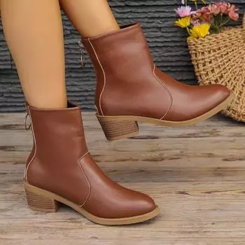 2024 Новые однотонные женские ботинки, ботильоны, толстые высокие каблуки, квадратный носок, короткие ботинки, молния, сексуальная зимняя и осенняя обувь 36 коричневый