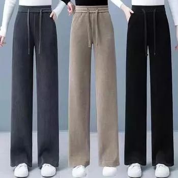 2024 новые осенне-зимние флисовые вельветовые брюки широкого кроя с высокой талией, свободные флисовые утолщенные прямые брюки для уборки M (80-47.5 kg)