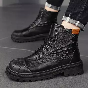 2024 Новые осенне-зимние кожаные высокие ботинки Martin для повседневного ношения и универсальные мужские рабочие ботинки с увеличенной высотой, размер 39 39 чёрный