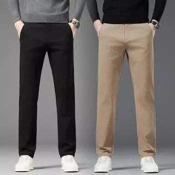 2024 Новые осенне-зимние мужские повседневные брюки высокого класса, облегающие брюки, деловые свободные прямые эластичные брюки 28 чёрный
