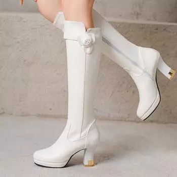 2024 Новые осенне-зимние сапоги до колена с круглым носком для женщин, женские высокие сапоги на платформе, роскошные модные длинные туфли для вечеринок на низком каблуке 35 чёрный