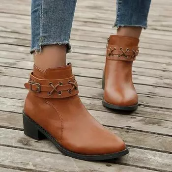 2024 Новые осенне-зимние женские ботинки на толстом каблуке с толстой подошвой и боковой молнией, кожаные ботинки в британском стиле с острым носком в стиле ретро Zapatos 36 чёрный