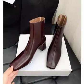 2024 Новые осенне-зимние женские туфли на высоком каблуке, модные, с застежкой-молнией сзади, с квадратным носком, толстый каблук, универсальные, теплые, короткие сапоги 35 чёрный