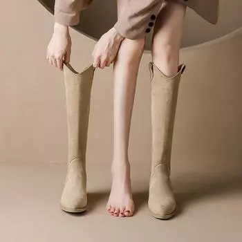 2024 новые осенние и зимние сапоги рыцарские сапоги женские высокие сапоги средний каблук толстый каблук острый, но до колена сапоги 34