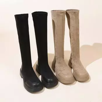 2024 новые осенние и зимние тонкие эластичные носки сапоги плоские сапоги женские французские маленькие мужские но до колена толстая подошва рыцарь 35 чёрный