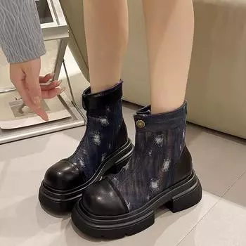 2024 Новые осенние и зимние женские ботинки, ботильоны с пряжкой, с круглым носком, на плоской подошве, повседневные женские ретро-модные ботинки 35 темно-синий