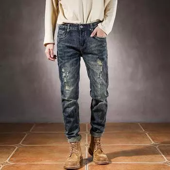 2024 Новые осенние классические синие джинсы мужские вышитые повседневные брюки свободные прямые длинные брюки 28