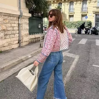 2024 Новые Осенние Короткие Куртки Женские Уличные Модные Двусторонние Одежды Печатные Хлопковые Стеганые Куртки Пальто Цветочный Кардиган Женский XS розовый