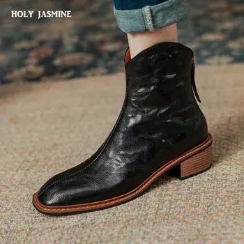 2024 Новые осенние кожаные женские сапоги с круглым носком и толстым каблуком для женщин Модные короткие сапоги Зимние сапоги Женские сапоги в стиле вестерн 34 чёрный
