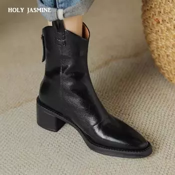 2024 Новые осенние сапоги женские из спилковой кожи женские туфли с круглым носком на толстом каблуке короткие сапоги на молнии в стиле ретро черные ботильоны 34 чёрный