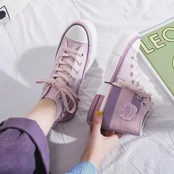 2024 Новые осенние высокие парусиновые женские туфли Kawaii, корейские женские спортивные туфли на шнуровке, туфли на плоской подошве, женские повседневные кроссовки, обувь 35