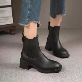 2024 Новые осенние женские ботинки с квадратным носком на коротких высоких каблуках Зимние ботинки Женские ботинки челси Женская обувь Zapatos 35 коричневый