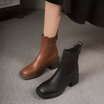 2024 Новые осенние женские ботинки с квадратным носком на коротких высоких каблуках Зимние ботинки Женские ботинки челси Женская обувь Zapatos 35 коричневый