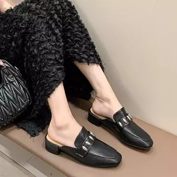 2024 Новые осенние женские модные металлические декоративные тапочки без застежек на толстом каблуке 35 бежевый