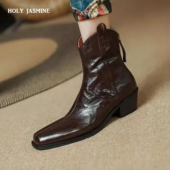 2024 Новые осенние женские сапоги с квадратным носком и толстым каблуком для женщин зимние ботильоны из натуральной кожи ботинки челси ковбойские сапоги 34 чёрный