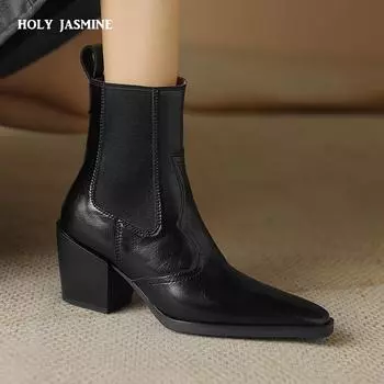 2024 Новые осенние женские сапоги с острым носком и толстым каблуком. Обувь из натуральной кожи для женщин. Лаконичные ботильоны. Сапоги на платформе. 34 чёрный