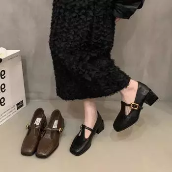 2024 новые осенние женские туфли-лодочки с квадратным носком из кожи коричневого цвета с пряжкой на ремешке, женские элегантные туфли-туфли для вечеринки во французском стиле 4.5 коричневый