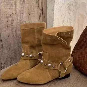 2024 Новые осенние женские замшевые ботильоны с заклепками на низком каблуке, вечерние туфли, женские джинсовые короткие ботинки, классика Zapatos 35