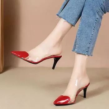 2024 Новые остроносые прозрачные сексуальные летние тапочки для женщин 2024 Модные тонкие каблуки Универсальная модная обувь для женщин 35 чёрный