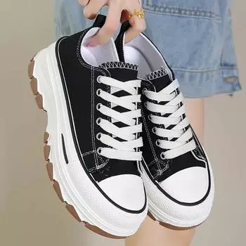 2024 Новые парусиновые туфли Женские кроссовки на платформе Кроссовки для бега Дизайнерская обувь Белые повседневные туфли для ходьбы на плоской подошве Zapatos De Mujer 37 чёрный