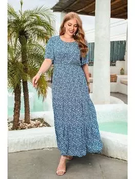 2024 Новые платья с цветочным принтом, женское летнее платье макси, кокетка, женское повседневное отпускное богемное платье, Vestidos Para Mujer, пляжное платье с коротким рукавом XL синий