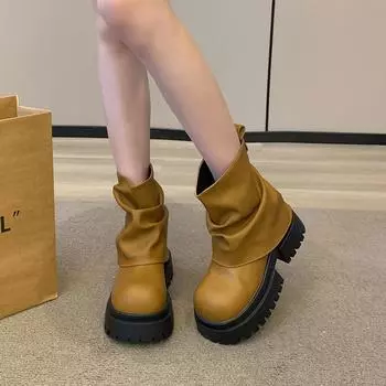 2024 новые плиссированные круглые сапоги на толстой подошве в британском стиле, модные ботинки на толстом каблуке, короткие сапоги-трубы, женские 35 чёрный
