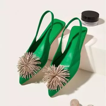 2024 Новые плоские сандалии женские с острым носком, стразами, кисточками, открытым каблуком, праздничные туфли на плоской подошве, летние туфли-мюли с ремешком сзади 35 зелёный