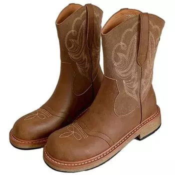 2024 Новые Плюс Плюс Кожаные Ботинки В стиле вестерн До Середины Икры Вышитые Женские Ботильоны Осень Зима Женские Ботинки 35