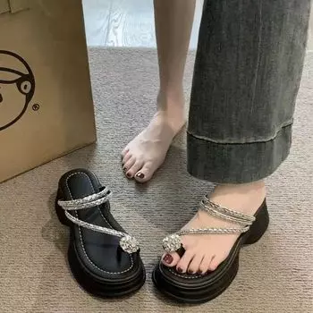 2024 новые популярные босоножки женские с носками летняя одежда универсальные на толстой подошве стразы фея с юбкой закрывающая носок перетаскивание 35