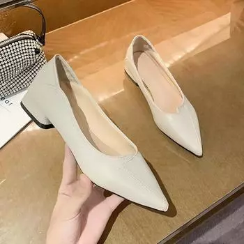 2024 Новые популярные легкие и универсальные туфли на низком каблуке с острым носком, удобные, с неглубоким вырезом, на весну и осень, с квадратным каблуком 34 бежевый