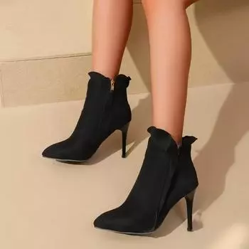 2024 Новые популярные модные ботильоны на шпильках, женские дизайнерские короткие ботинки, сексуальные женские ботинки на молнии, удобная обувь для вечеринок 35 чёрный