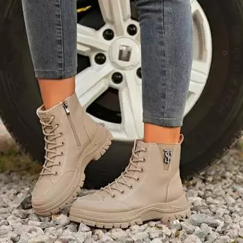 2024 Новые популярные модные однотонные универсальные популярные женские ботинки с застежкой-молнией и круглым носком на толстом каблуке 36 бежевый