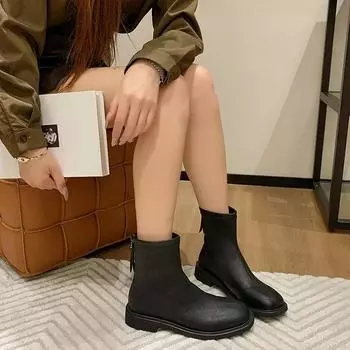 2024 Новые популярные однотонные женские ботинки с темпераментом и универсальными рабочими круглыми носками, застежкой-молнией сзади, модные ботинки 35 бежевый