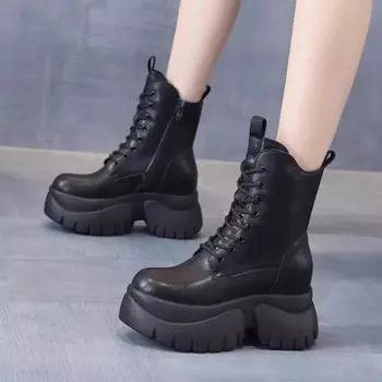 2024 Новые популярные осенние женские туфли на высоком каблуке из римской коровы, прочные модные ботильоны на толстой подошве, весенняя обувь на танкетке Zapatos 35 чёрный