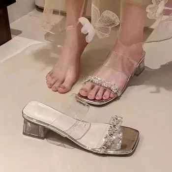 2024 Новые популярные тапочки с квадратным носком, повседневная летняя женская обувь, прозрачный каблук, тапочки с квадратным каблуком, желеобразный низкий каблук 34 бежевый