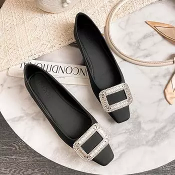 2024 Новые популярные туфли для женщин Плоские туфли со стразами Мокасины без застежек для девочек Повседневные туфли-лодочки с квадратным носком 35 чёрный