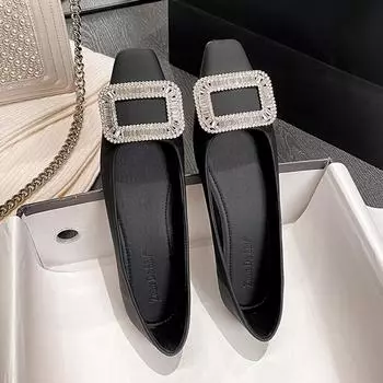2024 Новые популярные туфли для женщин Плоские туфли со стразами Мокасины без застежек для девочек Повседневные туфли-лодочки с квадратным носком 35 чёрный