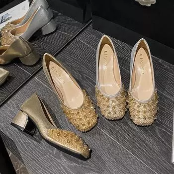 2024 Новые популярные туфли для женщин, роскошные туфли-лодочки со стразами на высоком каблуке, женские повседневные туфли с круглым носком, большой размер 35 золотой