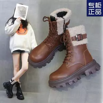 2024 новые популярные женские ботинки теплые короткие ботинки осенние и зимние зимние ботинки флисовые утолщенные ботинки Martin женская обувь 35 чёрный