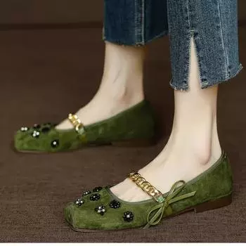 2024 Новые популярные женские туфли с квадратным носком, цветочным декором, цепочкой и бантом, удобные однотонные женские туфли Zapatos 35 чёрный