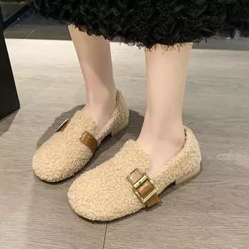 2024 Новые популярные зимние теплые женские плюшевые туфли на плоской подошве с пряжкой на ремне Mary Jane женские повседневные туфли-лодочки для отдыха на открытом воздухе в офисе 35 бежевый