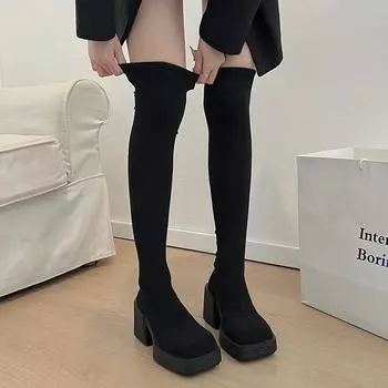 2024 Новые популярные зимние женские сапоги выше колена, эластичные вязаные сапоги на толстом каблуке, женские туфли без застежек на толстой подошве 35 чёрный