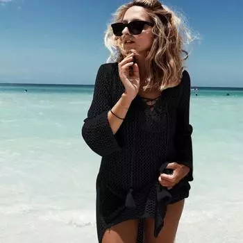 2024 Новые поступления Сексуальные пляжные накидки крючком Белые купальники Платья Женские купальные костюмы Пляжные туники Saida de Praia Q188 one size чёрный