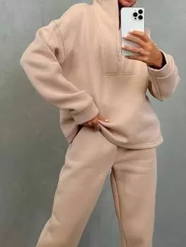 2024 Новые повседневные комплекты осень-зима для женщин, модные винтажные уличные комплекты из 2 предметов, однотонные свободные комплекты с длинным рукавом и брюками на молнии S бежевый