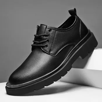 2024 Новые повседневные кожаные туфли для мужчин, британские туфли-оксфорды на шнуровке, нескользящие классические деловые туфли для отдыха на плоской подошве, дизайнерские туфли 38 чёрный